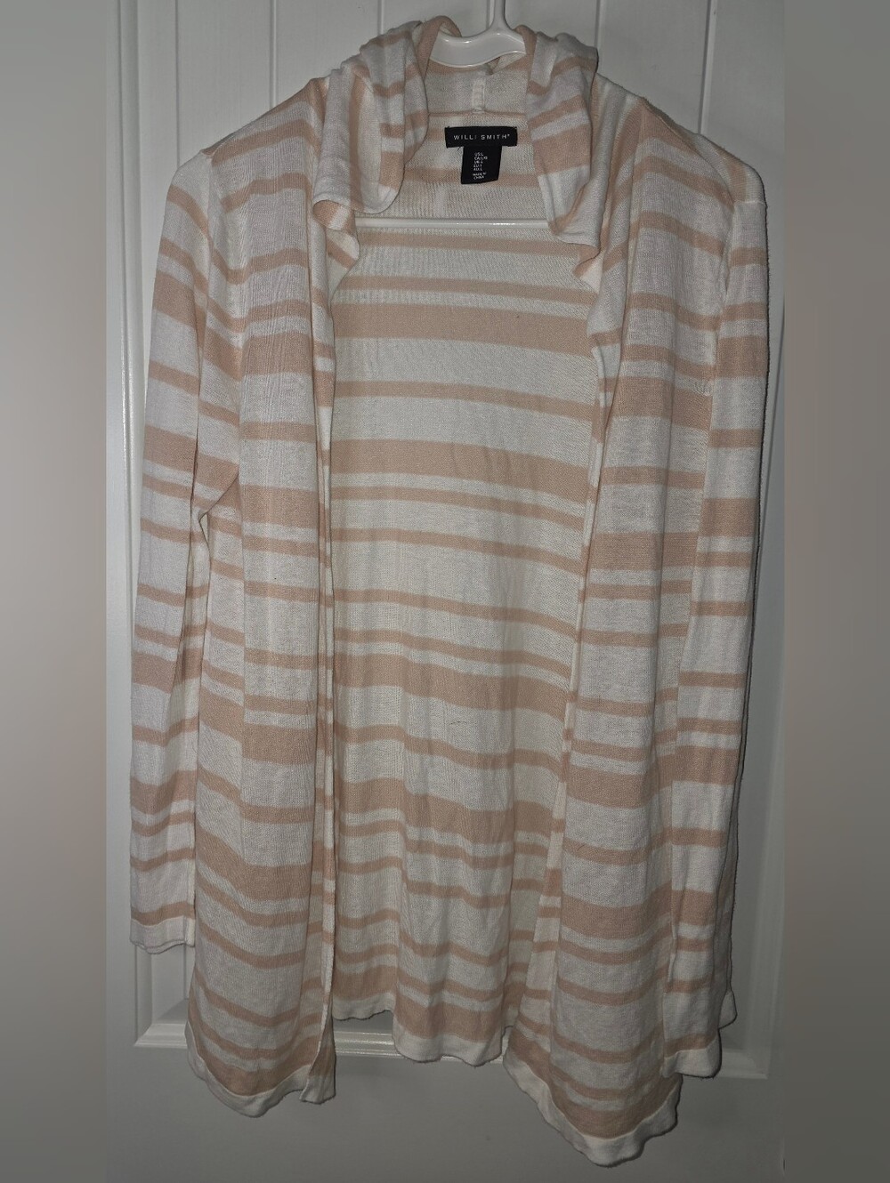 Willi Smith Light Beige and White Striped Hooded Open Cardigan Sweater Large